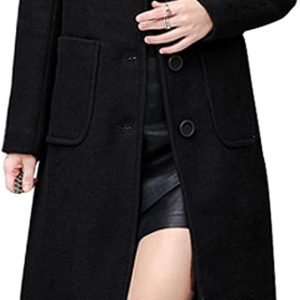 Women Big Notch Lapel Single Breasted Mid-Long Wool Blend Coat
