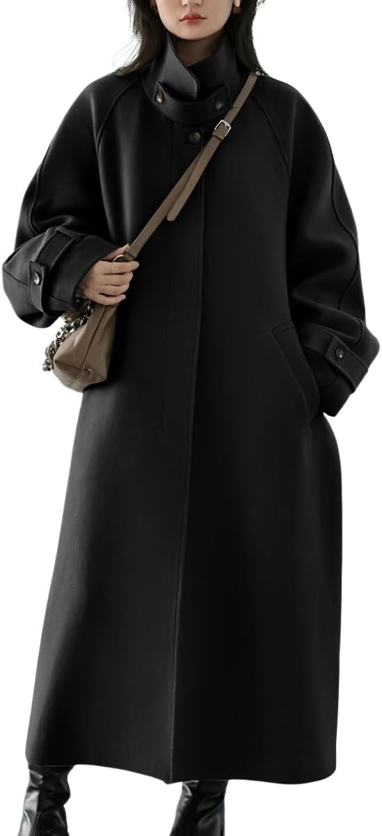 Women Winter Hidden Single Breasted Wool Coat Raglan Sleeve Business Long Wool Overcoat