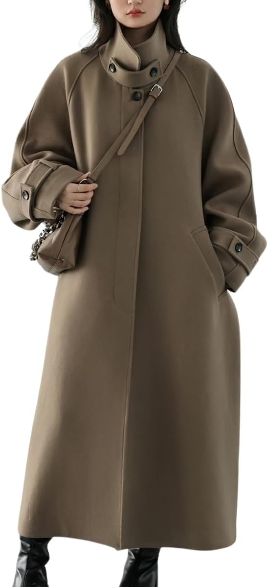 Women Winter Hidden Single Breasted Wool Coat Raglan Sleeve Business Long Wool Overcoat