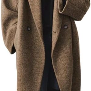 Women Winter Double Breasted Wool Coat Long Sleeve Notch Lapel Long Trench Coat