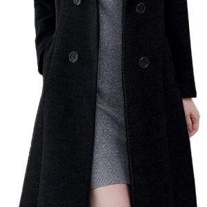 Women Shawl Collar Double Breasted Below Knee Slim Wool Trench Long Coat