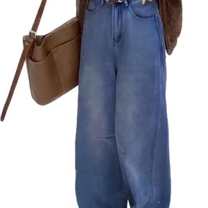 Fleece Lined Jeans Women Baggy, Wide Leg Denim Pants Winter Warm Loose Fit Flannel Lining  Boyfriend Women