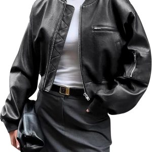 Women Faux Leather Bomber Jackets Baseball Collar Zip Up Cropped Biker Coat with Pockets