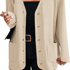 Women V Neck Button Long Cardigan Sweater Casual  Fall Knit Sweater Blazer with Pockets
