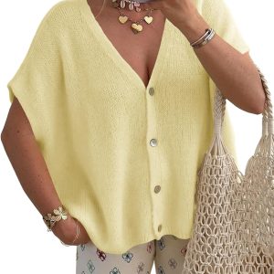 Women Summer Oversized Cardigans Batwing Short Sleeve Lightweight Button V Neck Casual Knit Sweater Tops