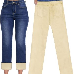 Women Fleece Lined Jeans Women High Waisted Straight Leg Jeans Winter Fleece Lined Jean Pants