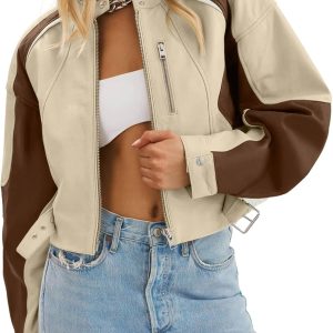 Women Faux Leather Bomber Jackets Cropped Zip Up Color Block Fall Casual Moto Biker Coats