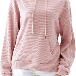 Women Drawstring Lightweight Hoodies Ribbed Knit Long Sleeve Regular Fit Pullover Sweatershirt Fall Outfits