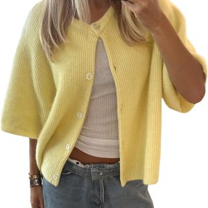 Women  Knitted Crop Cardigan Short Sleeve Button Up Rib Knit Solid Color Cute Sweater Shirt