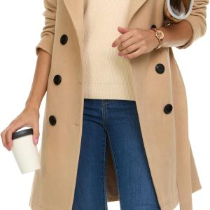Trench Coat for Women – Double-Breasted Long Winter Faux Wool Coat