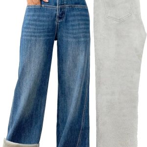 Women Fleece Lined Jeans Wide Leg Baggy Winter Thermal Flannel Flare Jean  Denim Pants