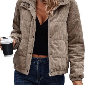 Women Corduroy Quilted Puffer Jacket Zip Up Long Sleeve Padded Bomber Barn Jackets Coat with Pockets